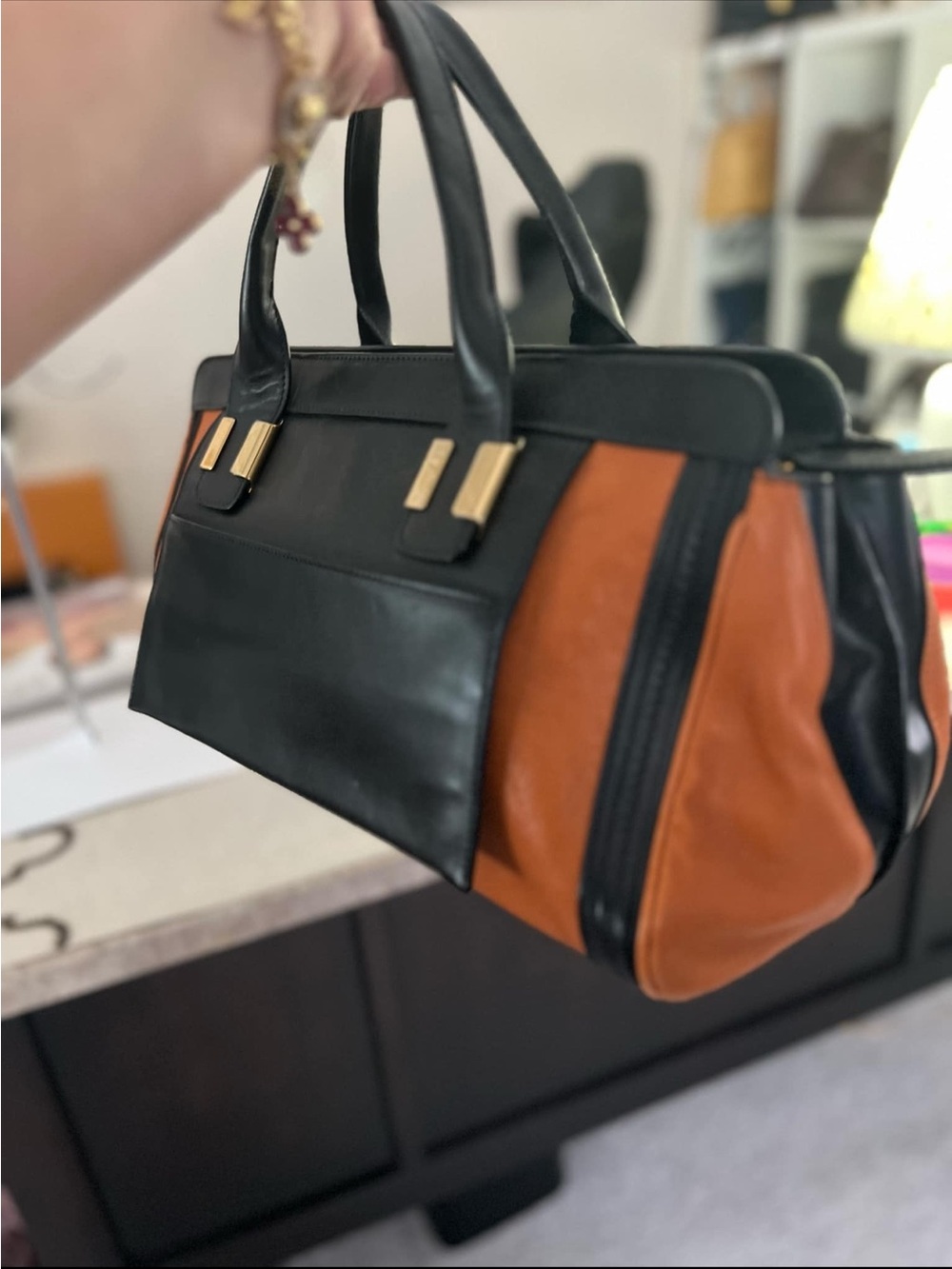 Black and Brown Leather Tote Handbag